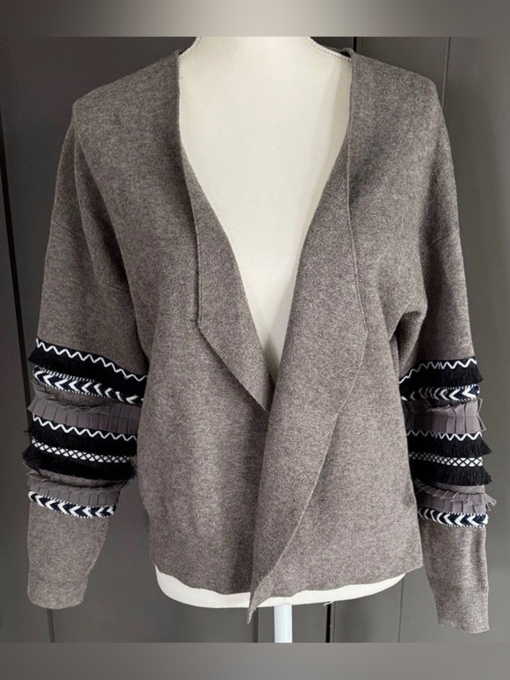 THML Taupe Open Front Cardigan with Black & White Sleeve Trim